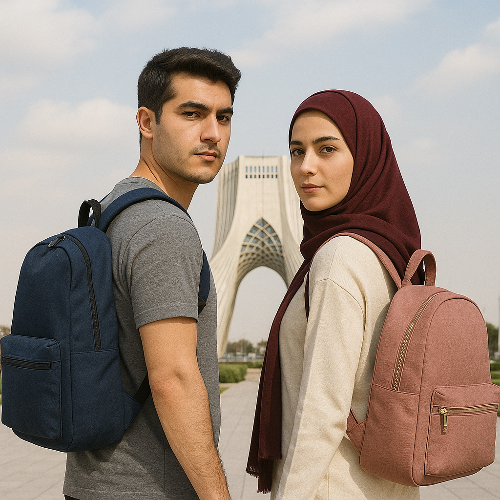 مرد و زن ایرانی با کوله‌پشتی روزمره در مقابل برج آزادی تهران